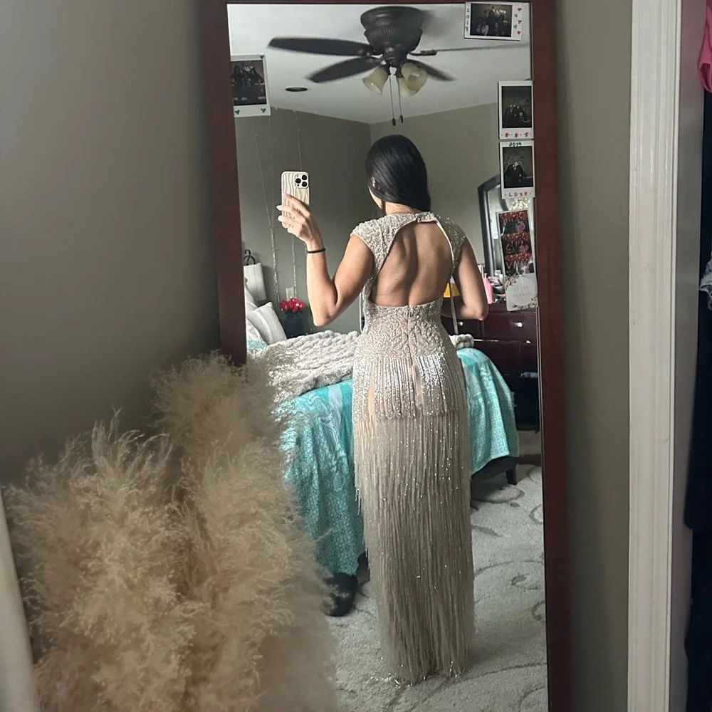 Jovani beige and silver tassel maxi dress open back - Picture 1 of 12
